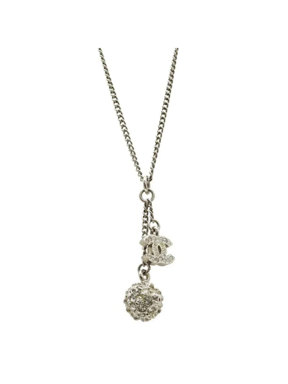 Chanel 13P Mirror Ball CC Logo Pendant Metal Rhinestone Silver Necklace